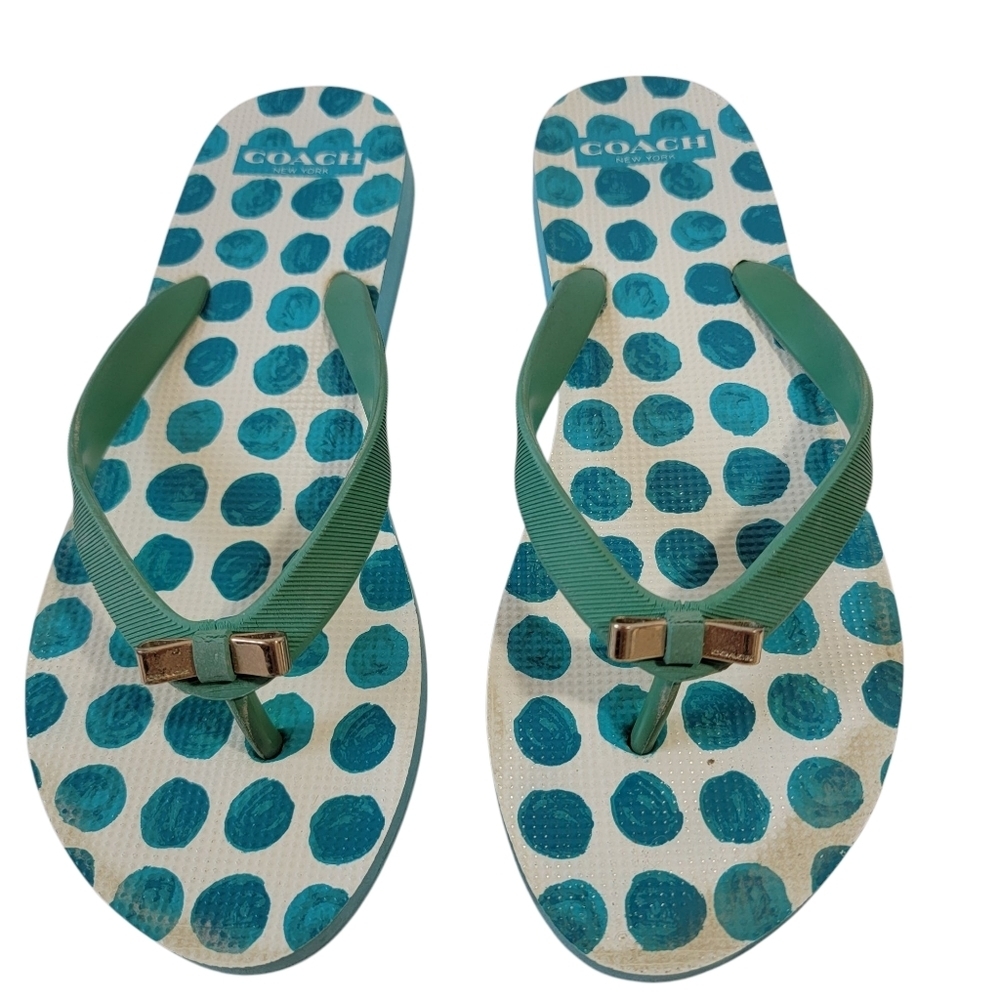 Coach Blue Polkadot Thong Sandals Size 7-8 Beachy Resort Casual Quite Luxury - Picture 2 of 11